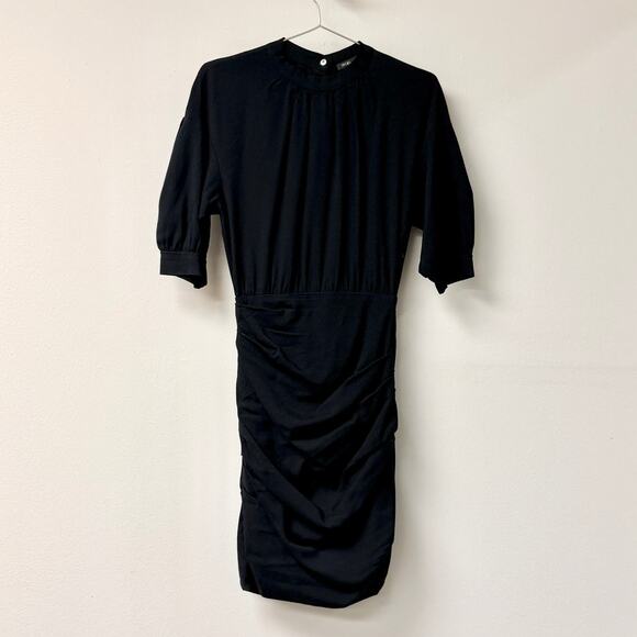 Maje Short Puff Sleeve High Neck Fitted Ruched Mini Dress Black Women's 1 / S - Picture 1 of 4